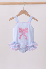 Blue bow embroidery seersucker ruffle swimsuit