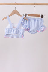 Blue bow embroidery seersucker ruffle 2pc swimsuit