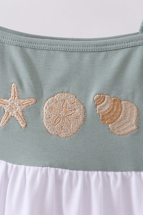 Sage starfish shell embroidery tiered dress