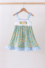 Green lemon smocked ruffle dress