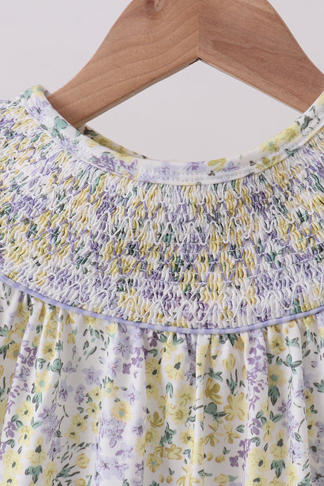 Golden meadow floral smocked ruffle dress