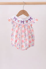 Purple rose bow smocked ruffle bubble