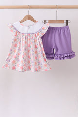 Purple rose bow smocked ruffle shorts set