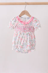 Pink floral bow smocked ruffle bubble