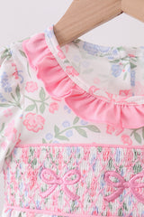 Pink floral bow smocked ruffle bubble