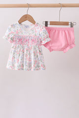 Pink floral bow smocked ruffle bloomer set