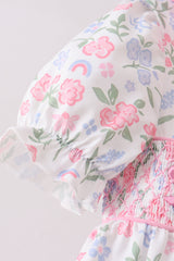 Pink floral bow smocked ruffle bloomer set