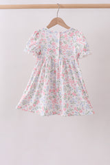 Pink floral bow smocked ruffle dress