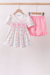 Pink floral bow smocked ruffle shorts set