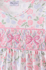 Pink floral bow smocked ruffle shorts set