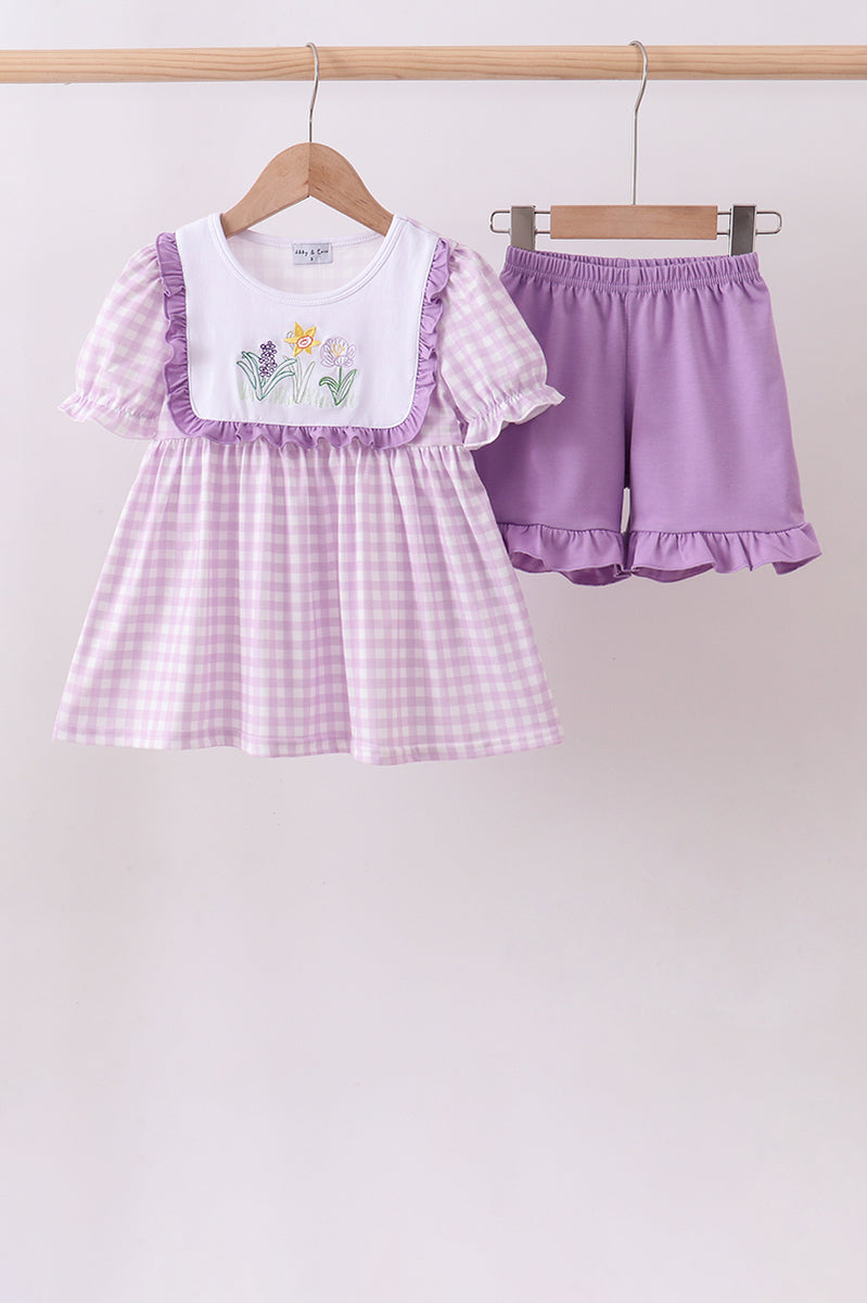 Purple floral embroidery gingham ruffle shorts set – Honeydew USA