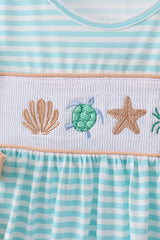 Mint marine creature smocked stripe ruffle dress