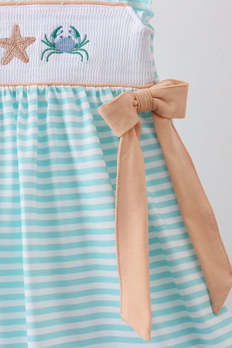 Mint marine creature smocked stripe ruffle dress