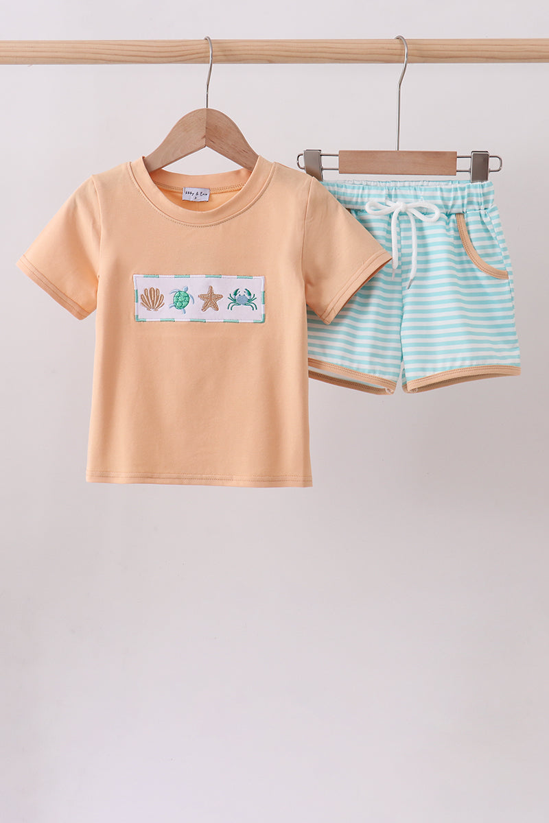 Mint marine creature embroidery stripe shorts set