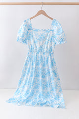 Blue rose print women dress