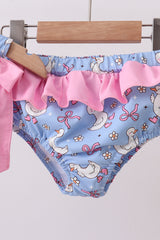 Purple duck print bow ruffle 2pc swimsuit