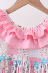 Pink patchwork floral ruffle dress