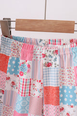 Pink floral patchwork scalloped ruffle shorts set