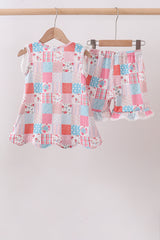 Pink floral patchwork scalloped ruffle shorts set