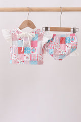 Pink floral patchwork ruffle 2pc swimsuit