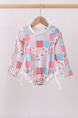 Pink floral patchwork ruffle rashguard