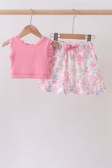 Pink floral bow skorts set