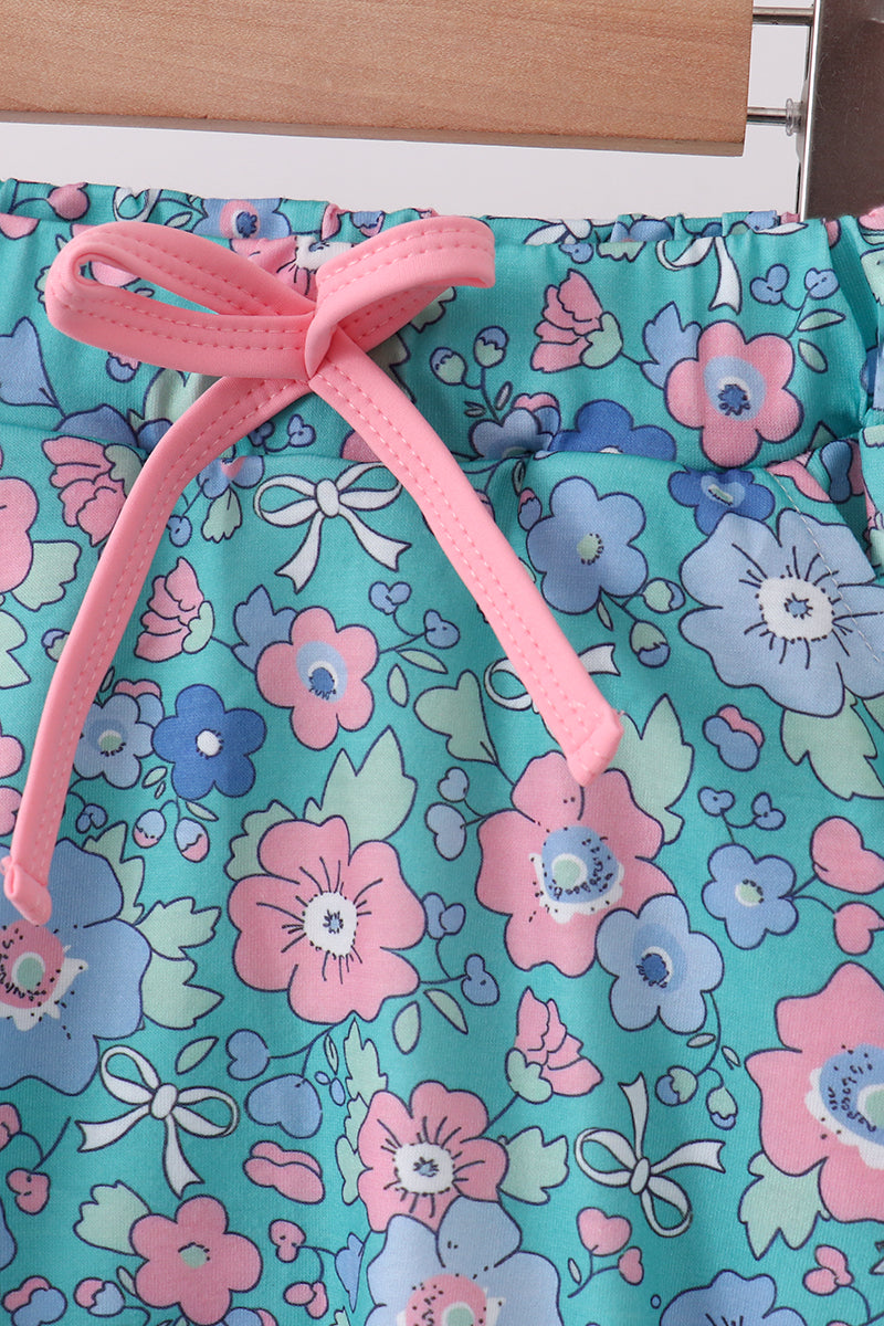 Pink&green floral bow skorts set