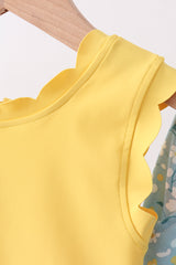 Mustard&green floral bow skorts set