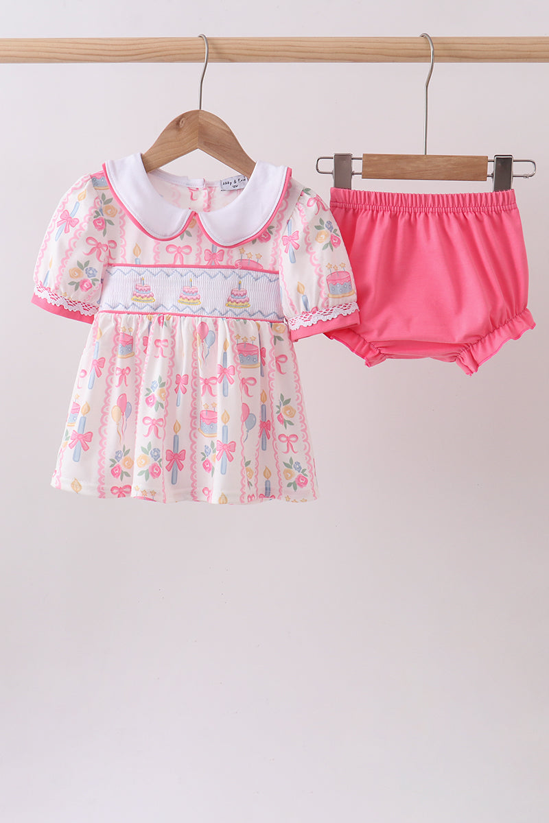 smocked birthday cake dress GIRLS PINK CHECK SS SMOCKED BIRTHDAY CAKE & BALLOONS BISHOP DRESS by D –  Persnickety Shop main image 1