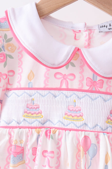 Pink birthday cake smocked bloomer set