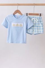 Blue birthday cake smocked plaid shorts set