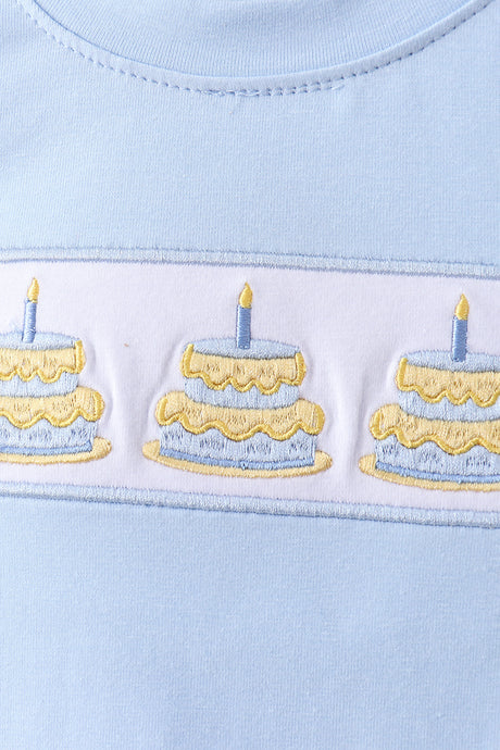 Blue birthday cake smocked plaid shorts set