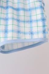 Blue birthday cake smocked plaid shorts set