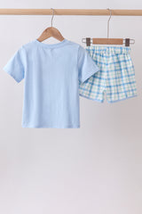 Blue birthday cake smocked plaid shorts set