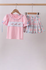 Pink carousel smocked ruffle skorts set