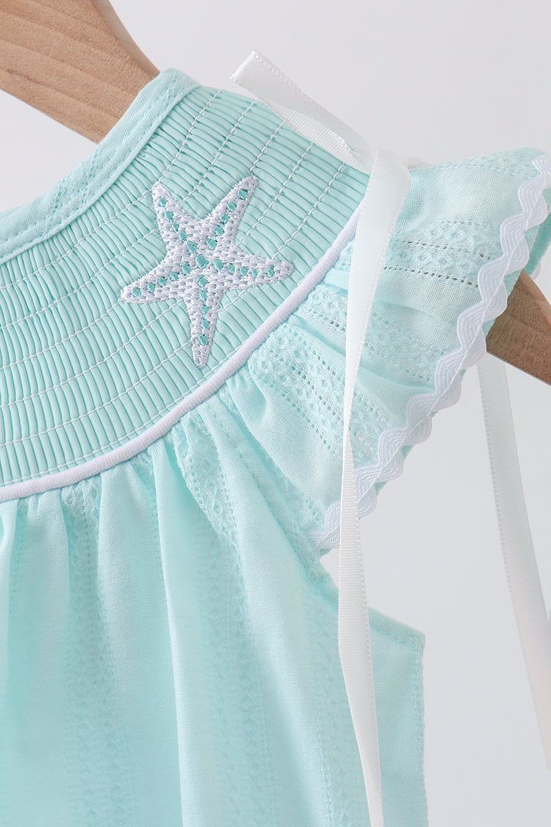 Blue starfish smocked jacquard ruffle bubble