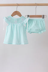 Blue starfish smocked jacquard ruffle bloomer set