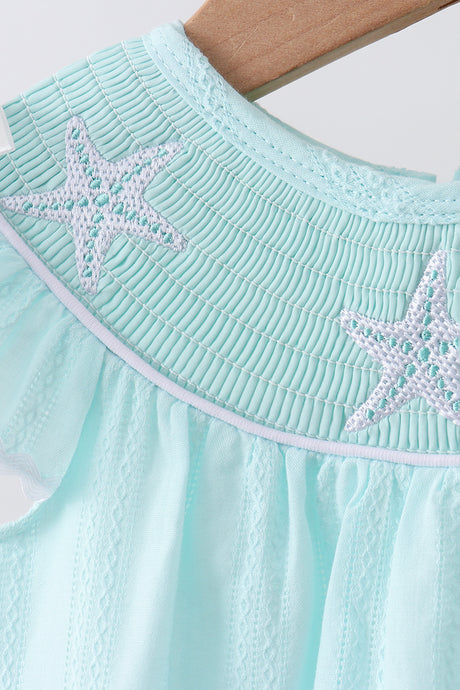 Blue starfish smocked jacquard ruffle bloomer set