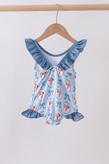 Blue strawberry bow ruffle one-piece swimsuit