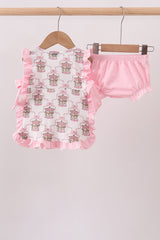 Pink carousel print ruffle bloomer set