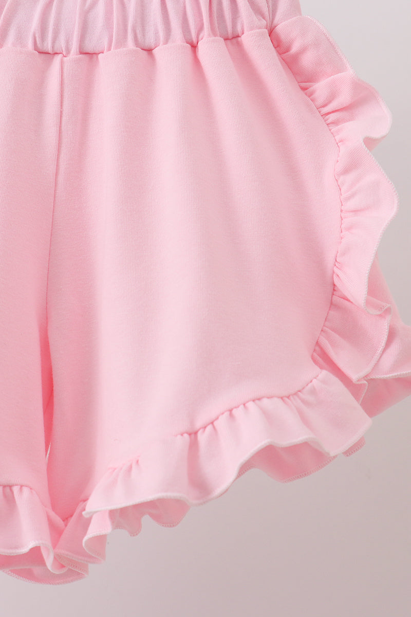 Pink carousel print ruffle shorts set