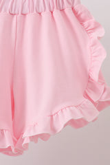 Pink carousel print ruffle shorts set