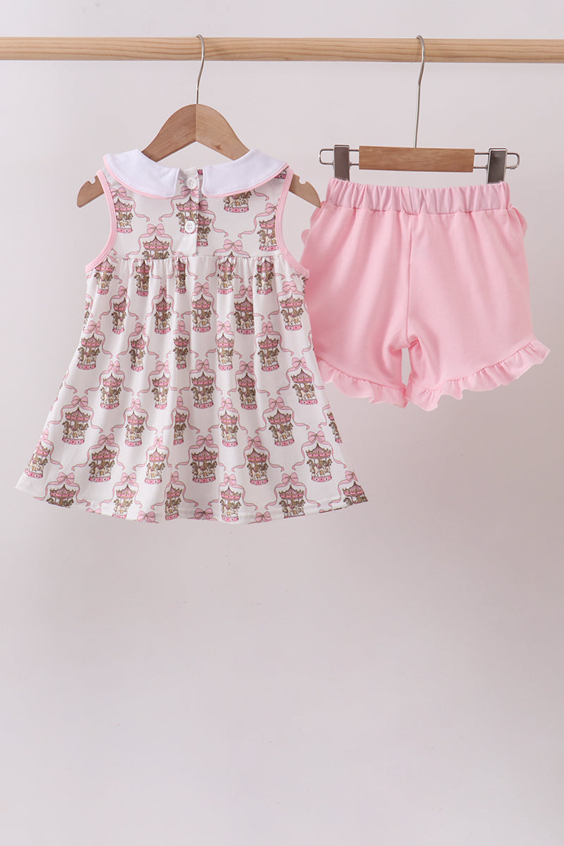 Pink carousel print ruffle shorts set