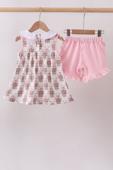 Pink carousel print ruffle shorts set