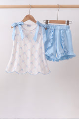 Blue bow ribbon print ruffle shorts set