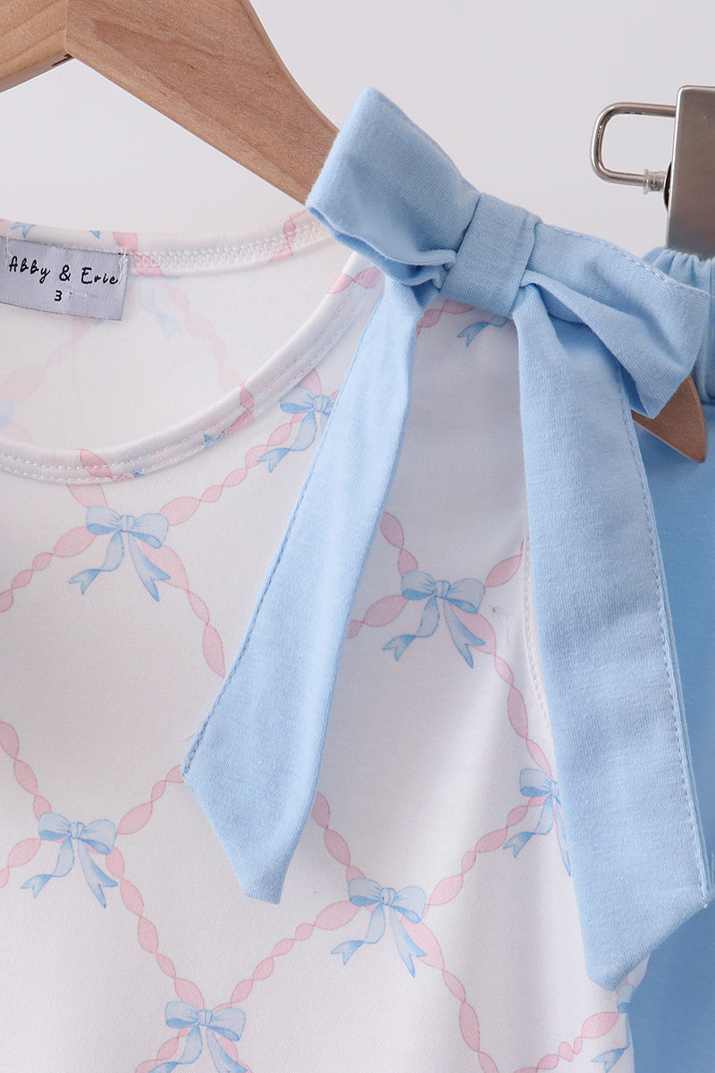 Blue bow ribbon print ruffle shorts set