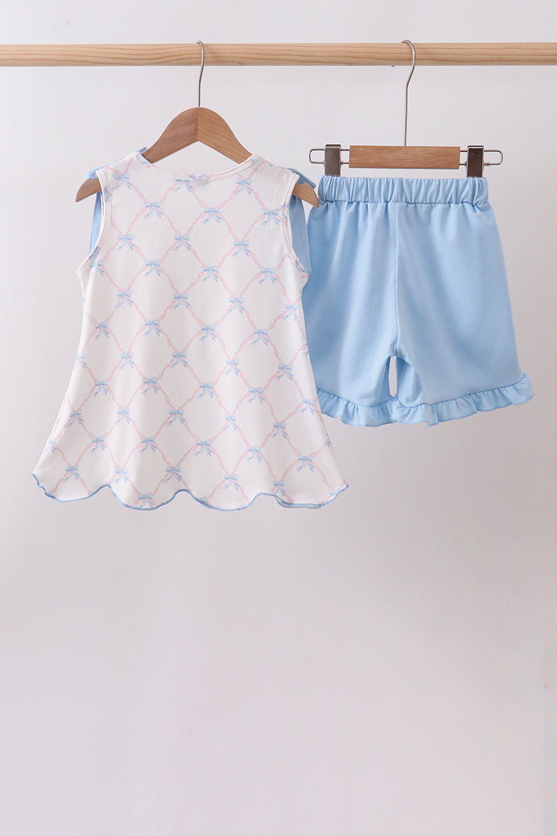 Blue bow ribbon print ruffle shorts set