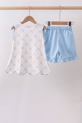 Blue bow ribbon print ruffle shorts set