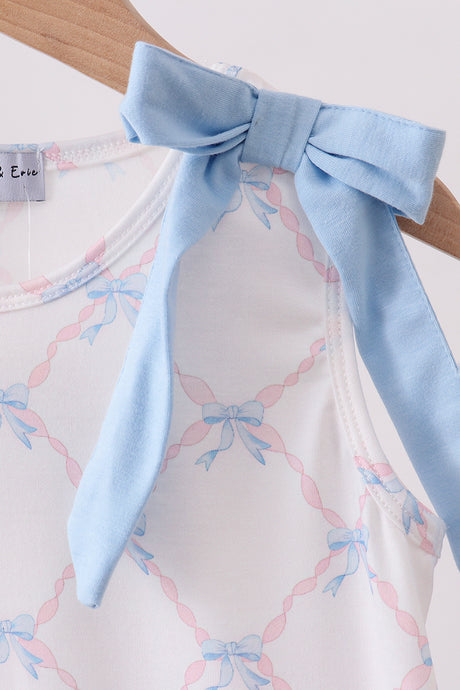 Blue bow ribbon print dress