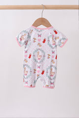 Pink goose strawberry bow bamboo romper